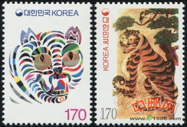 韩国1998年 中国生肖虎年邮票 (亚洲)(大图展示)