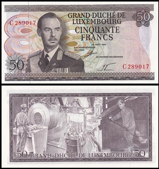 卢森堡50法郎 外国纸币 1972年(大图展示)
