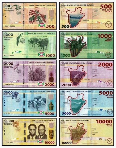 布隆迪500,1000,2000,5000,10000法郎 2015年版 (5枚大全套)(大图展示