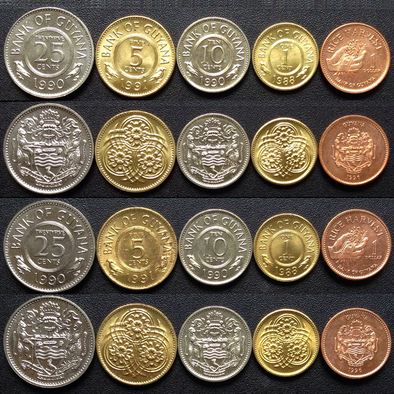 外国硬币 圭亚那5枚 外国硬币 全新未流通(大图展示)