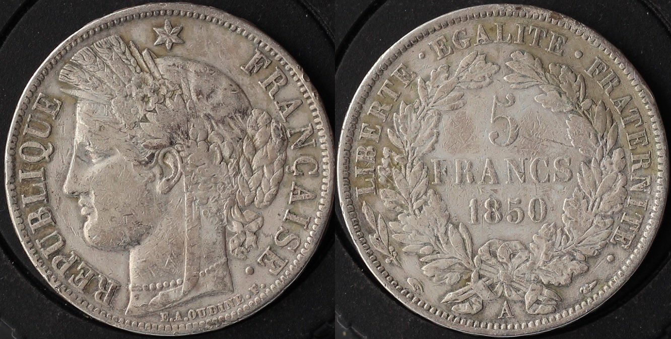 法兰西共和国1850年谷物女神5法郎大银币8(大图展示)