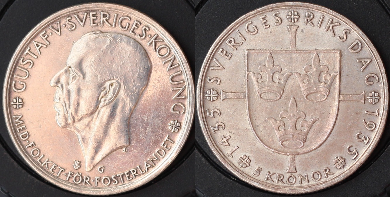 瑞典1935年古斯塔夫6世五克朗大银币9(大图展示)