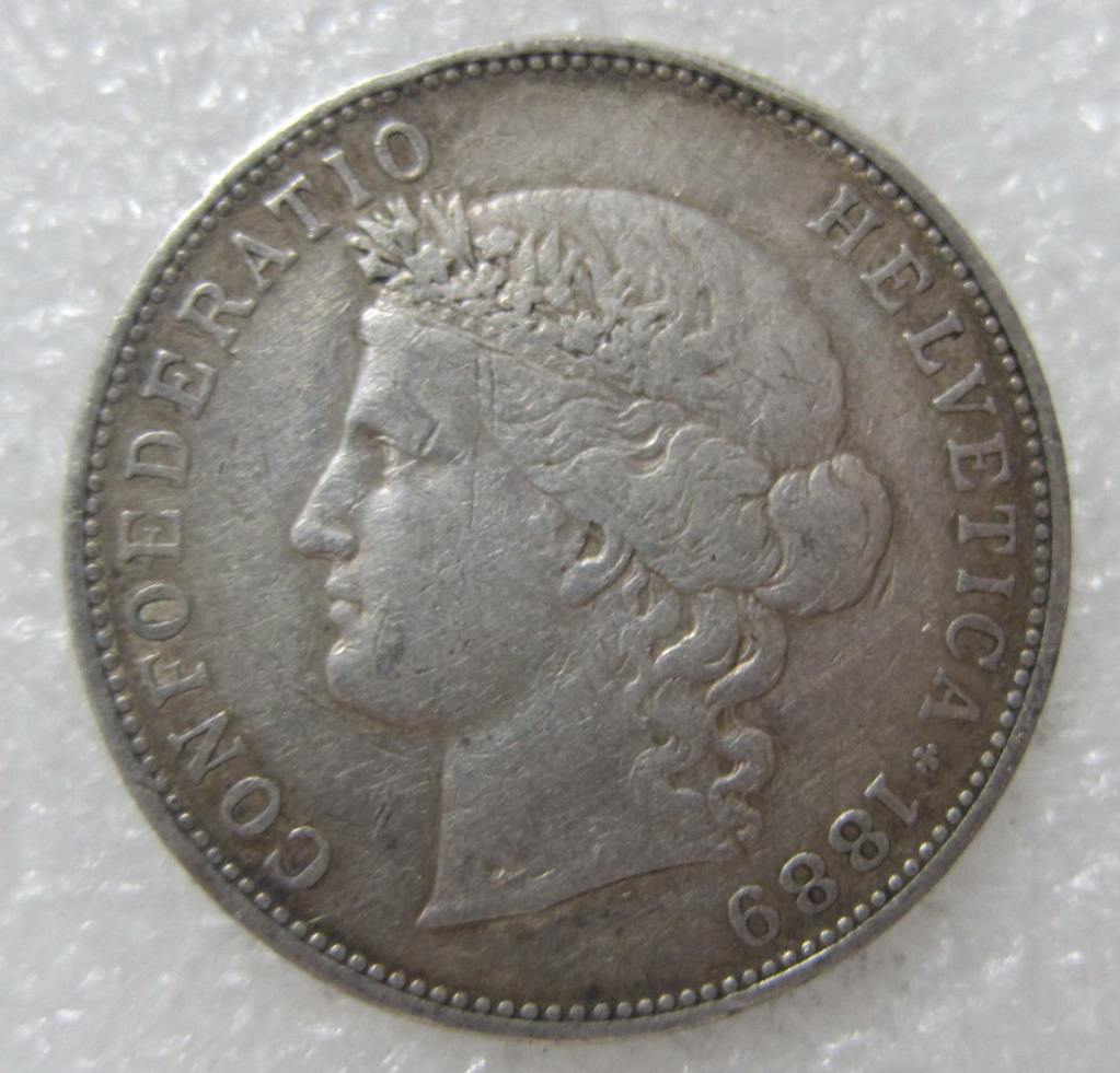 瑞士1889年女神头像版5法朗大银币(大图展示)