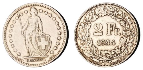 瑞士1944年2法郎 银币(大图展示)