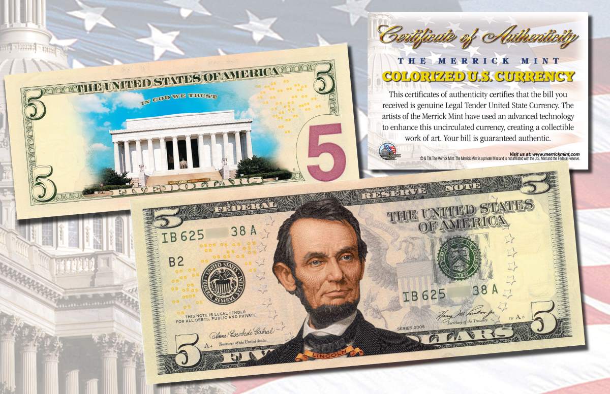 unc美国5美元双面真彩色美元系列彩塑钞--林肯白日版纪念(大图展示)