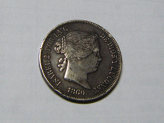 西班牙伊莎贝拉女王1860年20瑞斯大银币 老包