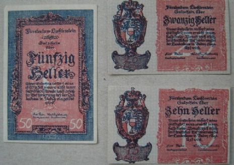 列支敦士登大公国1922年版老纸币10,20,50赫