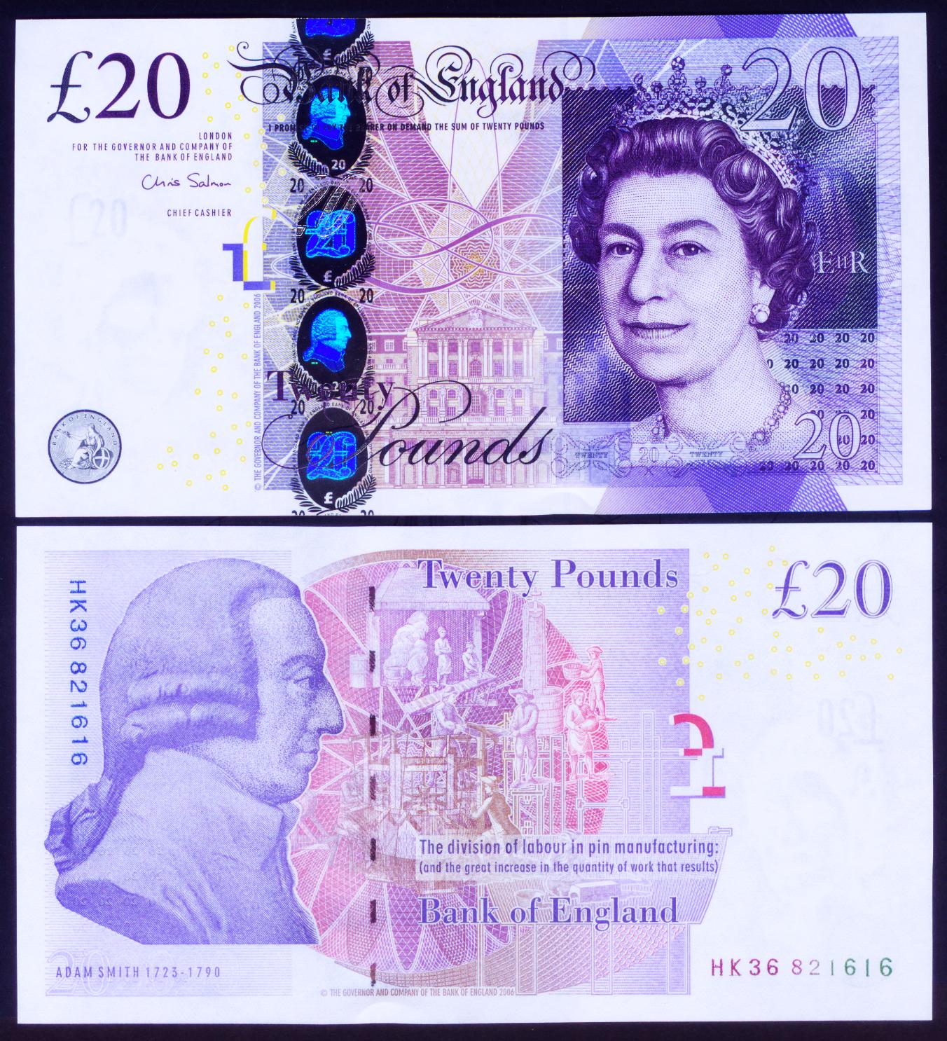 英国英格兰银行f序列 (亚当.斯密) 20英镑 全新unc品(大图展示)