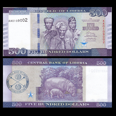 全新unc 利比里亚500元 aa冠 2016(2017)年 p-new(大图展示)
