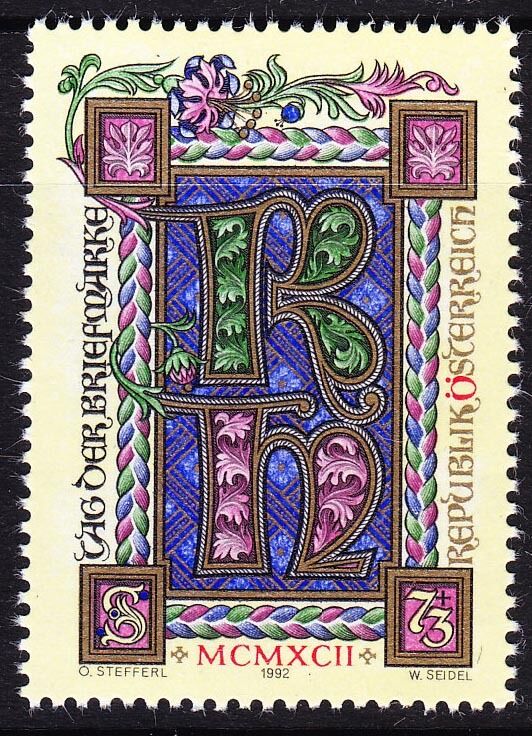 奥地利邮票 1992年邮票日附捐票:字母 画 1全新(大图展示)
