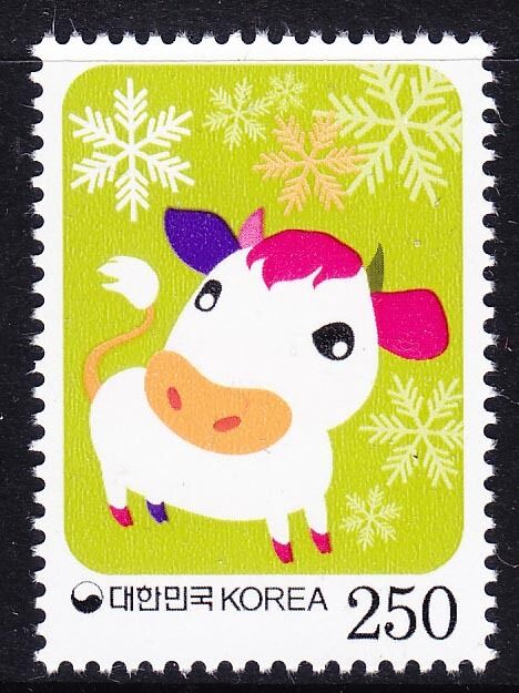 韩国邮票 2009年生肖牛:雪花 牛 带荧光 新(大图展示)