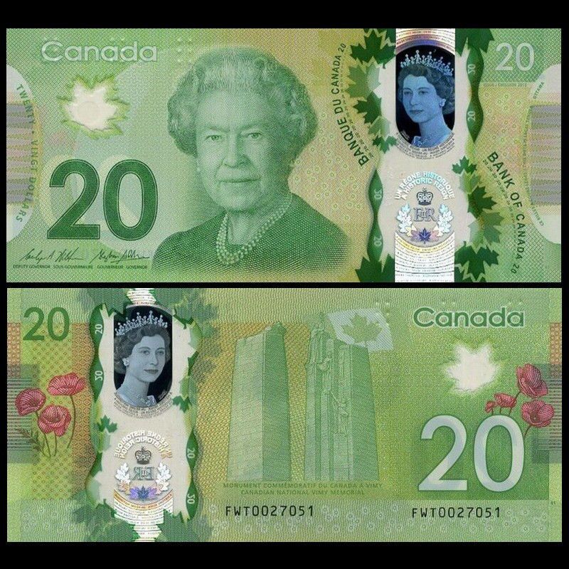 全新unc 加拿大20元塑料钞 纪念在位时间长的元首 2015年(大图展示)