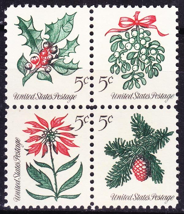 1964美国邮票,圣诞节 花卉植物 冬青 针叶树 雕刻版全新票(大图展示)