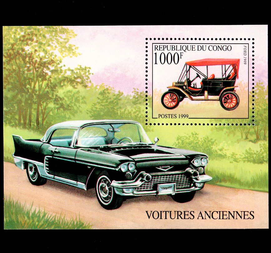外国邮票 刚果1999年新邮 经典老爷车 老式汽车 邮票小型张 全新(大图