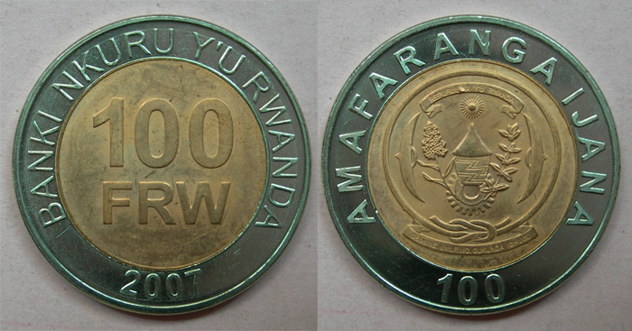 卢旺达2007年100法郎 材质 :双金属(大图展示)