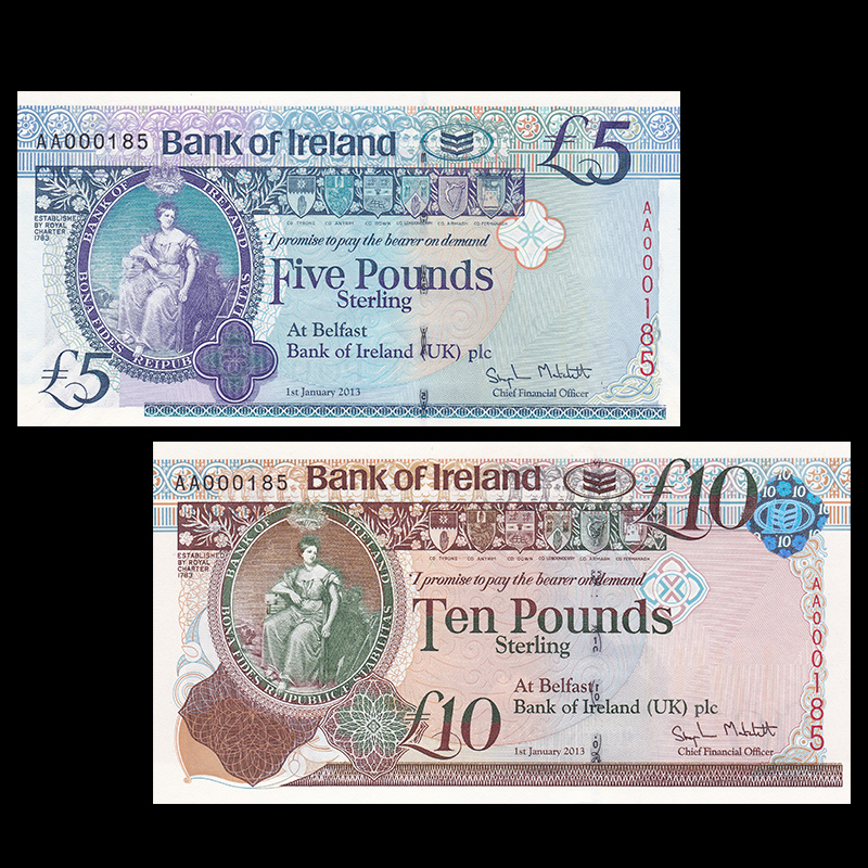 2013 北爱尔兰两枚/张(5,10镑)纸币套币(大图展示)
