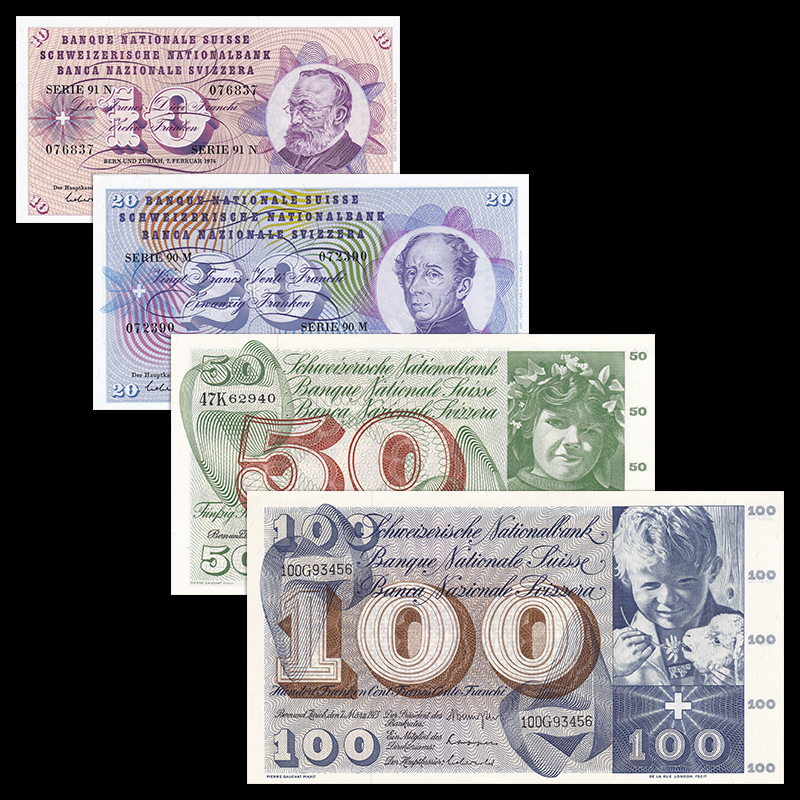瑞士4枚/张(10,20,50,100法郎)纸币 小全套(大图展示)