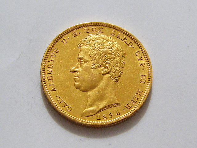 意大利撒丁岛1834年100里拉大金币32.