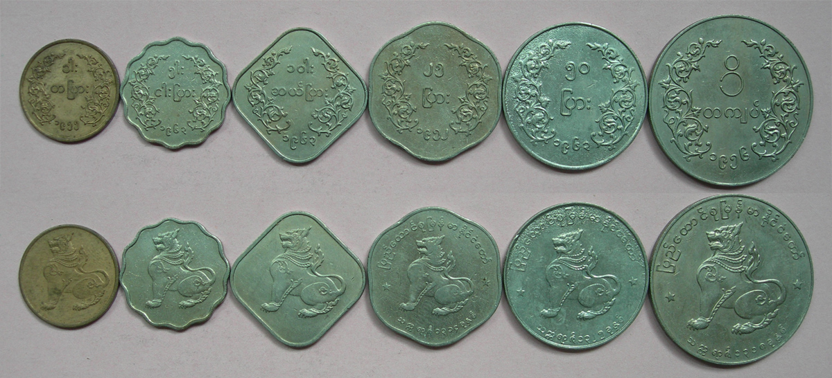 缅甸老版套币6枚全套 含稀少的1分 材质 :1铜 5镍(大图展示)