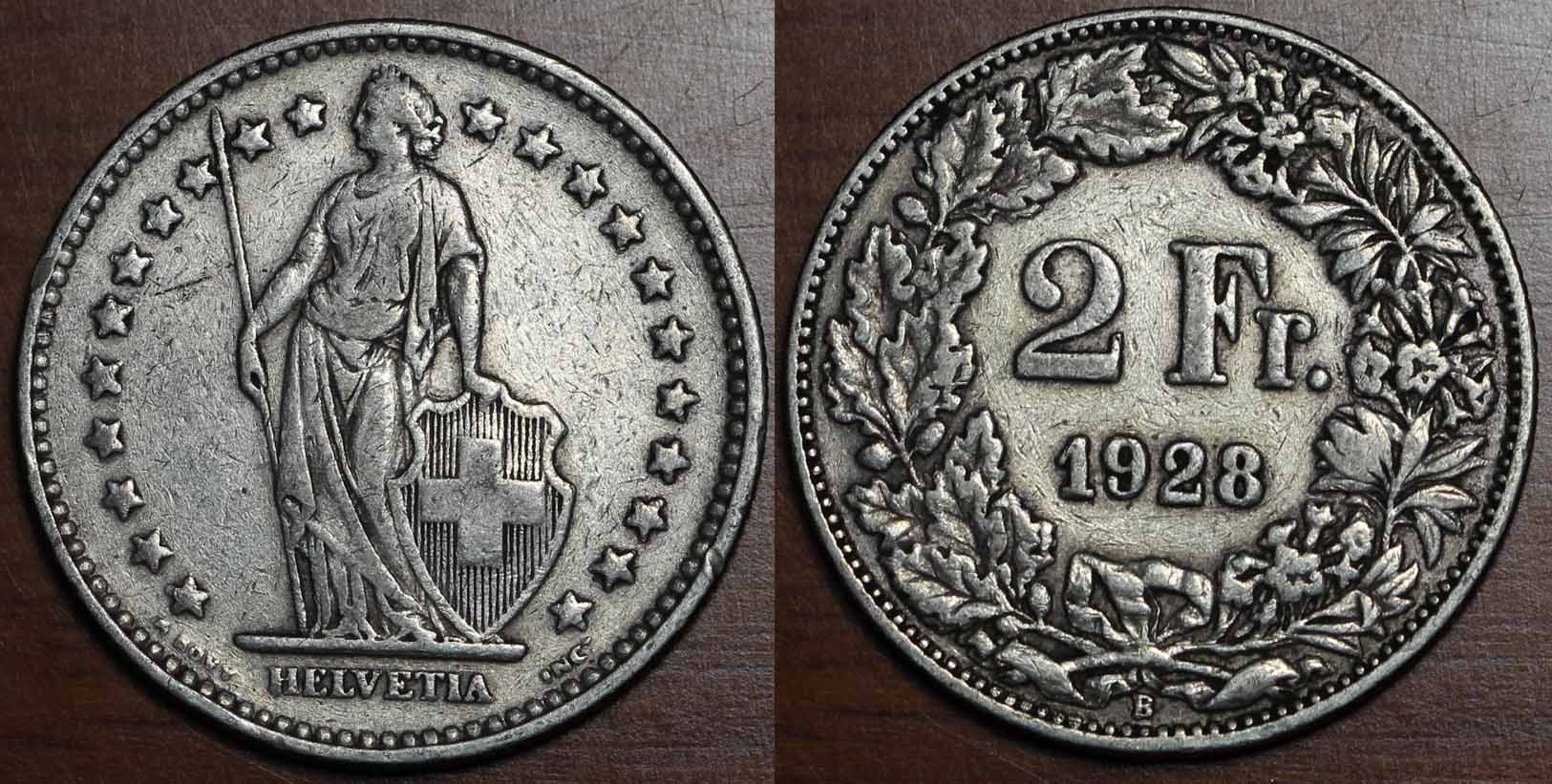 瑞士银币 1928年b 2法郎(大图展示)