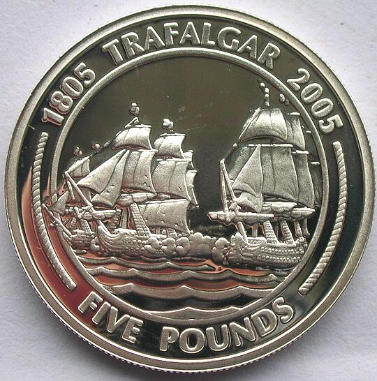 直布罗陀2005年特拉法尔加海战三桅战舰5镑精制银币(大图展示)