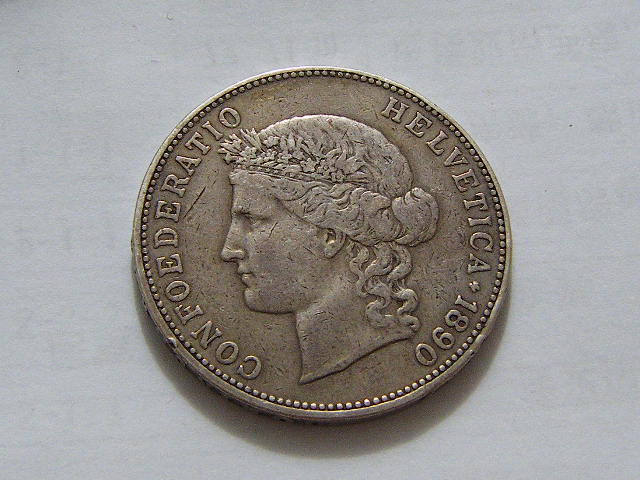 瑞士女神1890年5法郎大银币 好品相 流通版少(大图展示)