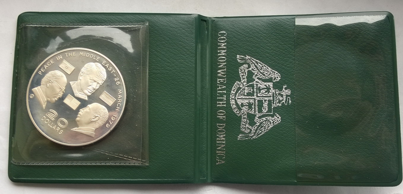 多米尼克1970年纪念中东和平协议20元精制纪念银币,仅