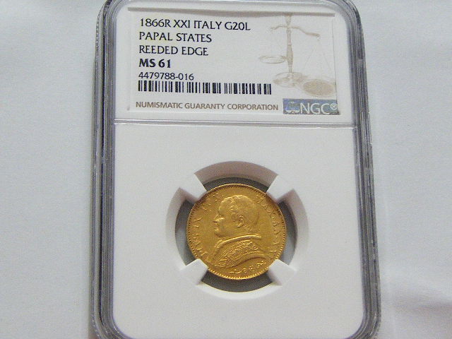 ngc ms61梵蒂冈教皇1866年20里拉金币6.