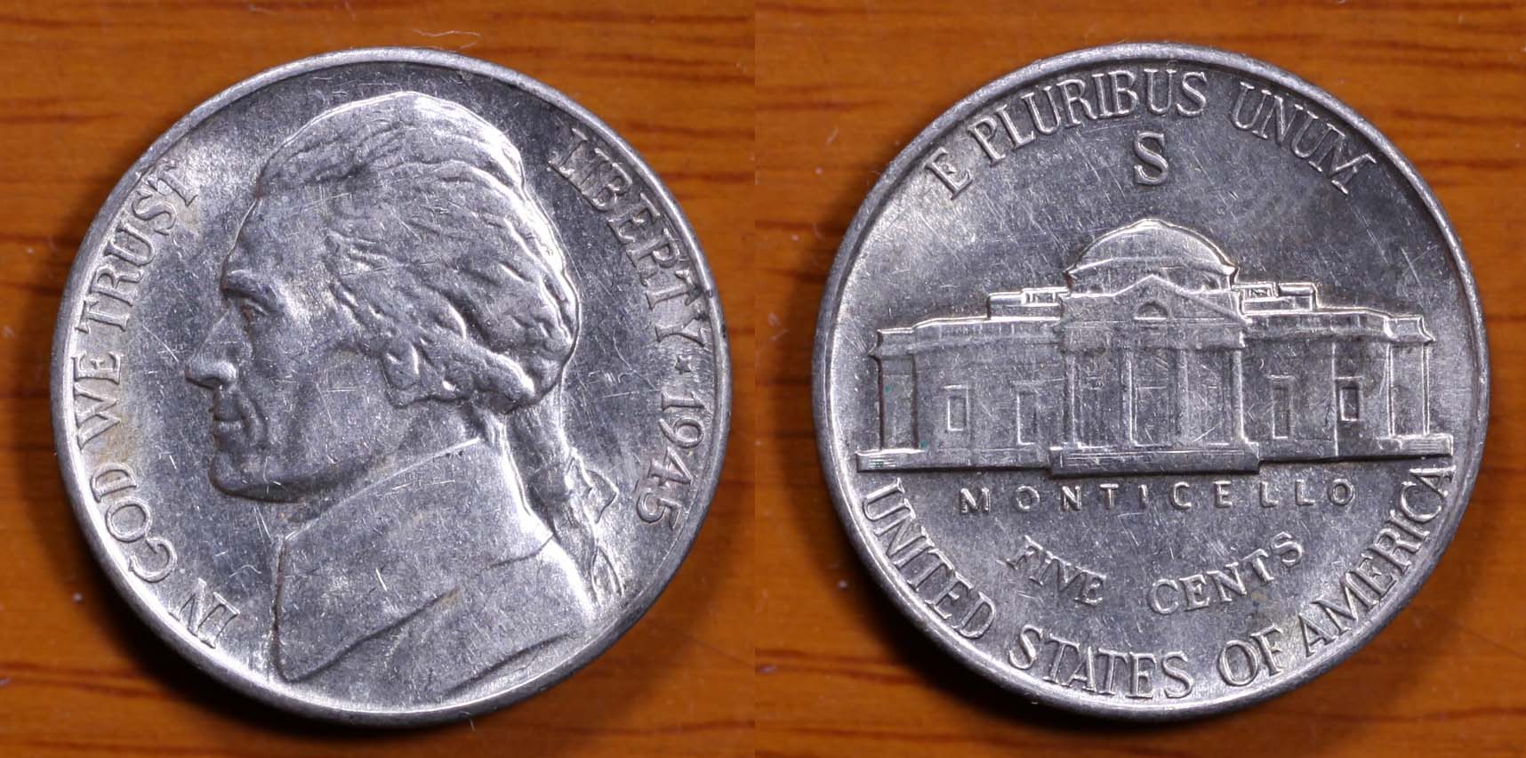 美国老硬币银币1945年s 杰斐逊 5美分(大图展示)
