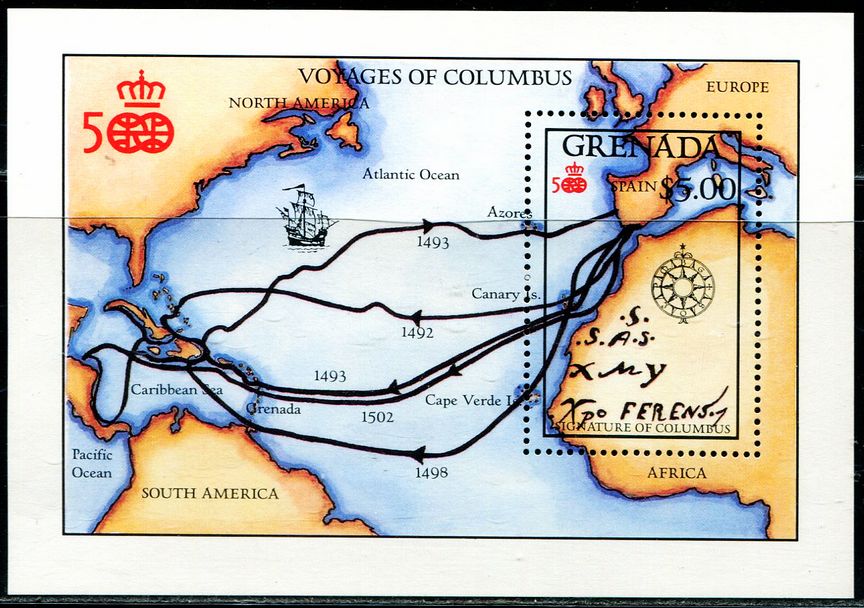 格林纳达 1992 哥伦布 航海 地图 小型张 中邮网
